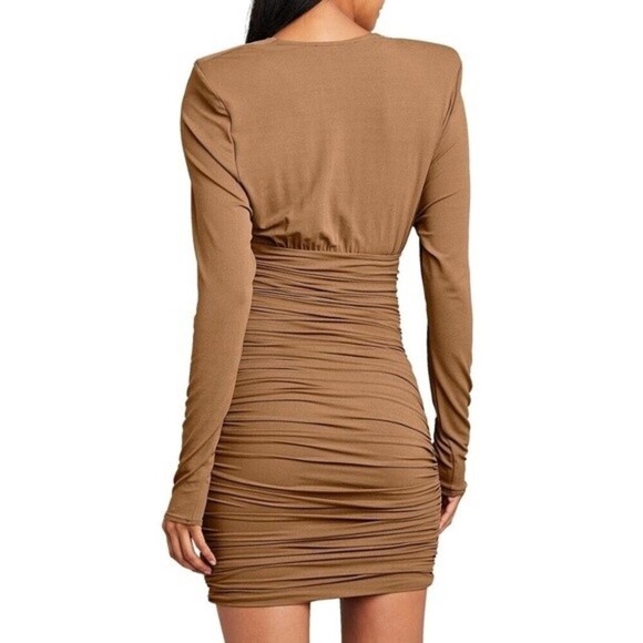 Alexandre Vauthier Draped Jersey Cowl Neck Mini Dress Tan NWT Womens Size 6 / 38 - Picture 3 of 13